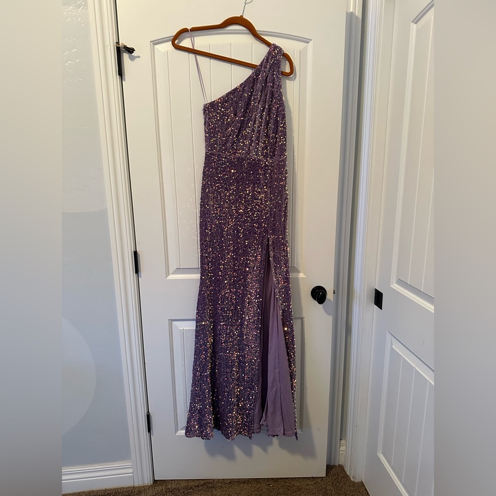 Lavender sequin one shoulder dress with slit on the right side!